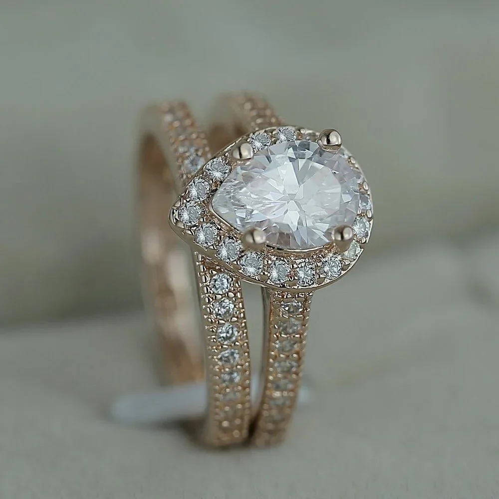 💎 Elegant Beautiful Pear Micro Pave Water Drop Rose Gold Ring Set Women, VIP393 - Picture 2 of 4